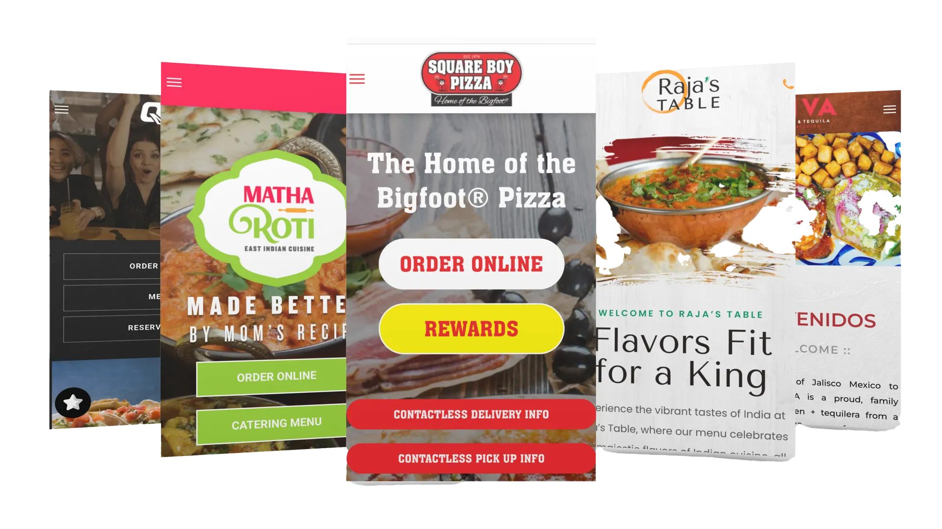 Five phones showing mobile-friendly restaurant websites